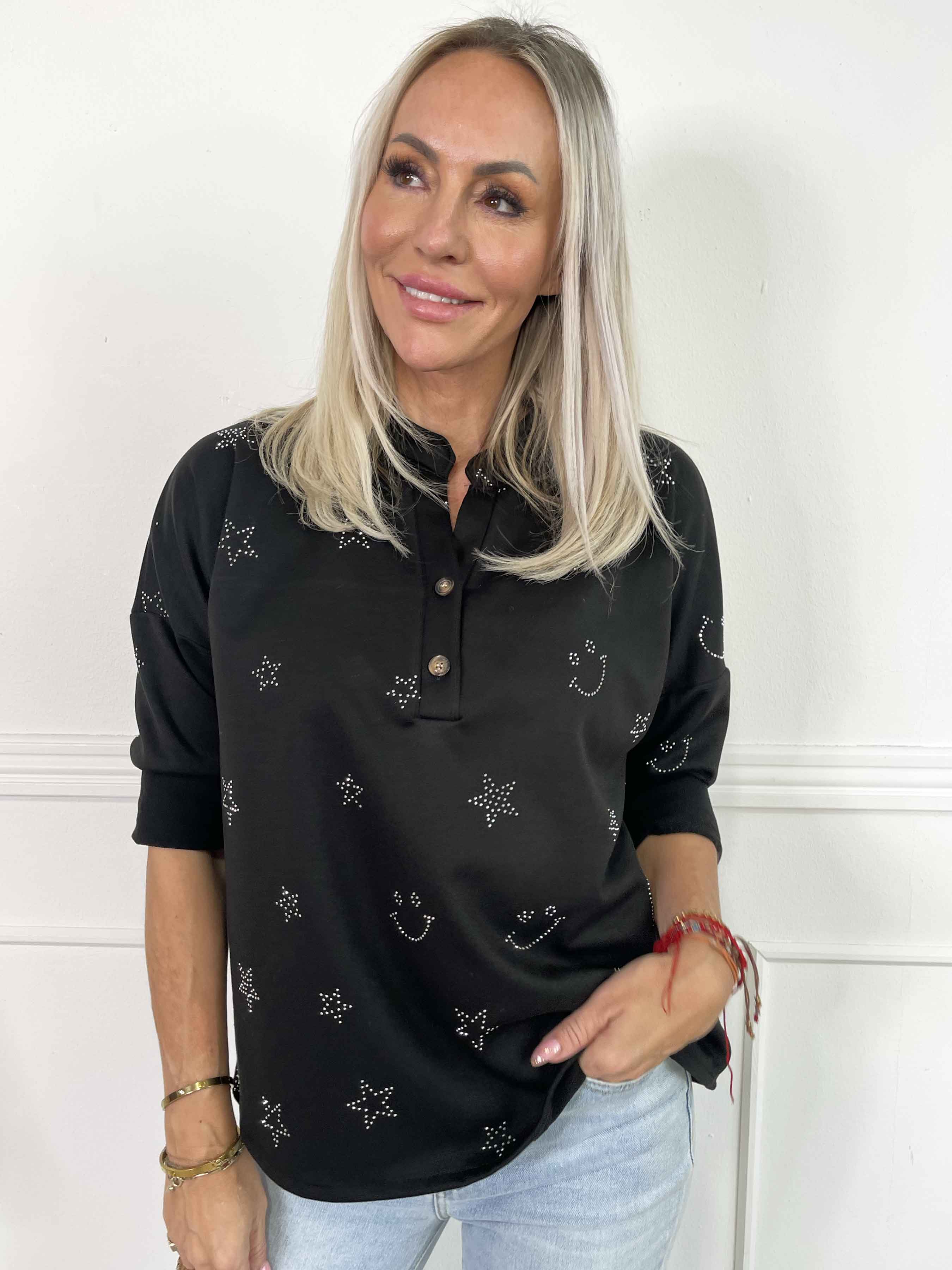 Star - Mjuk skjorta med smiley och strassstjärnor